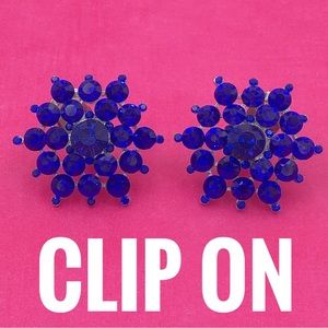 Blue Rhinestone Clip On Large Statement Earrings